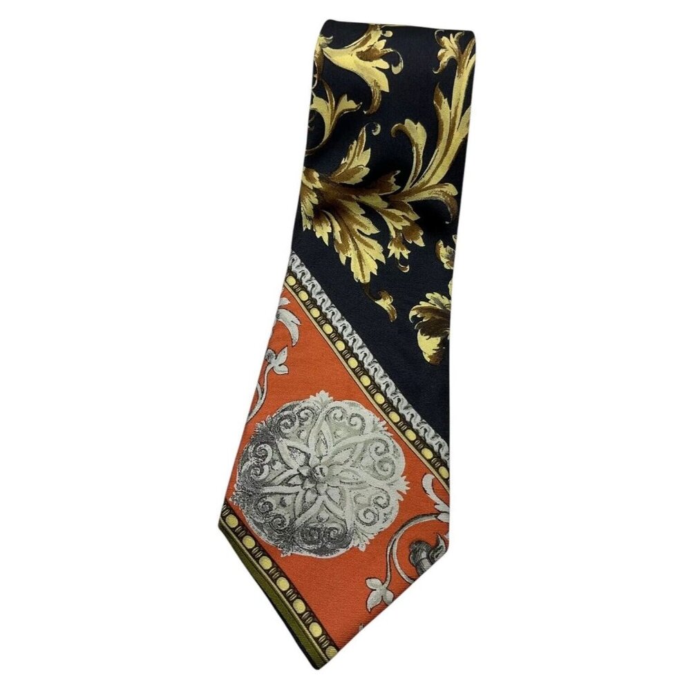 PAL ZILERI Men's 100% Silk Necktie LUXURY Tie Black Gold Baroque W:3.7" EUC